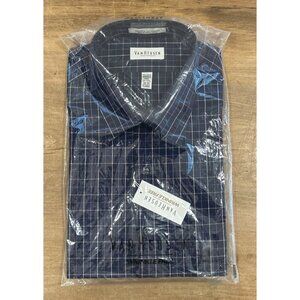 Van Heusen Mens 17.5 34/35 Broadcloth Dress Shirt Wrinkle Free Dark Blue Check